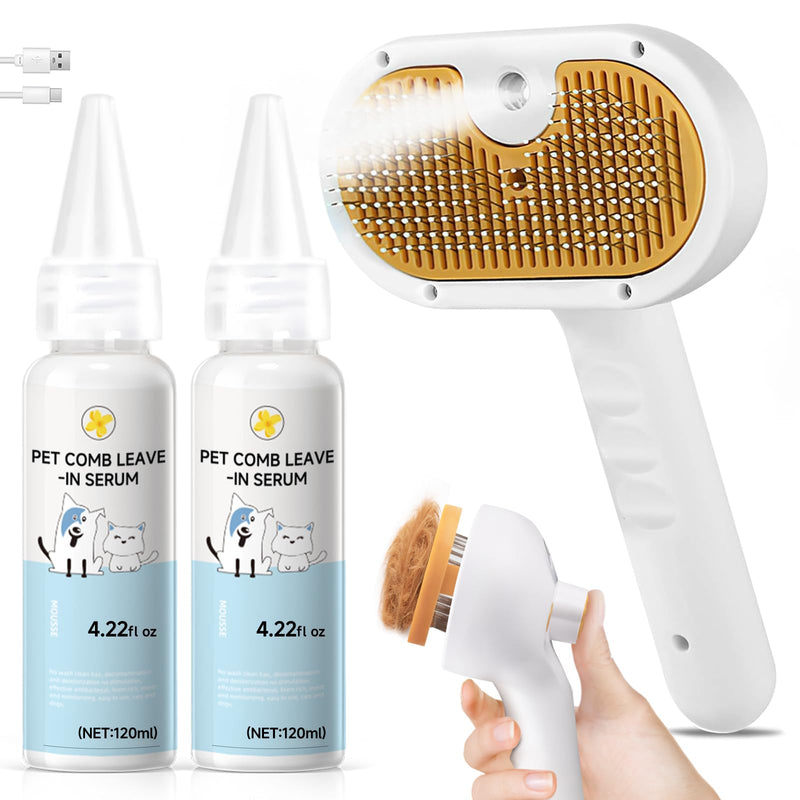 Pet Steam Brush for Dog & Cat – 3-in-1 Spray Hair Removal Comb for Shedding & Grooming, Softens Fur & Reduces Static – Water Brush for Long & Short Coats, Bath-Hating Pets, Includes Waterless Shampoo 7.6″-240ML - PawsPlanet Australia