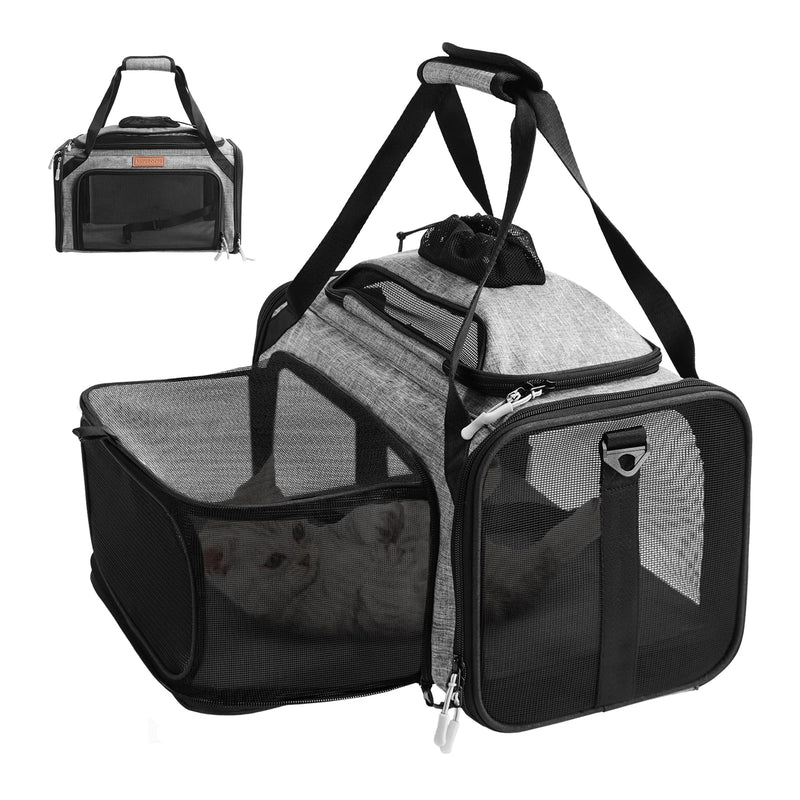 PETUX Top and Side Expandable Pet Carrier for Small Pets Up to 10 lb - 17 x 11 x 9.5 in, Underseat, Soft-Sided Airline Approved Cat Dog Carrier, with Safety Buckle and Anti-Scratch Mesh - Grey - PawsPlanet Australia