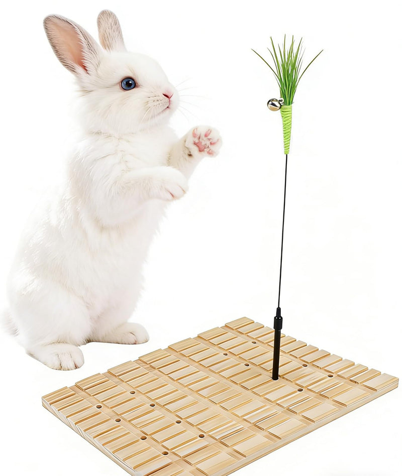 Rabbit Scratch Board with Teaser Toys, Wooden Bunny Grinding Claws and Teeth Care Pad to Exercise, Natural Interactive Small Animals Play Toy for Chinchilla Guinea Pig for Boredom