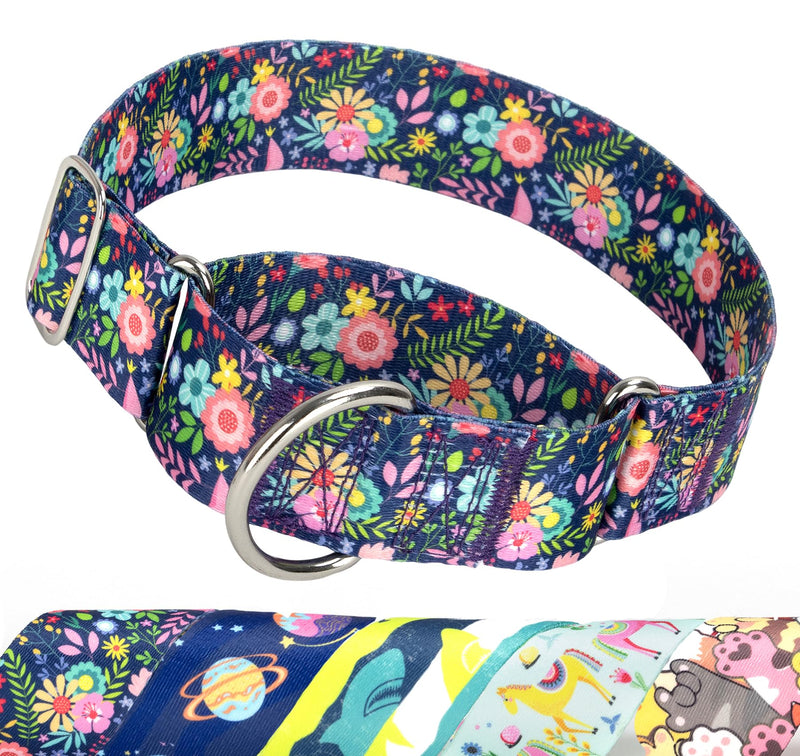 Wide 1.5 Inch Martingale Dog Collar - No Pull & Escape Proof Training Collar for Large Dogs,Adjustable Flower Pattern Thick Slip Collar (Flower,Large) 35 L(Neck17-23")