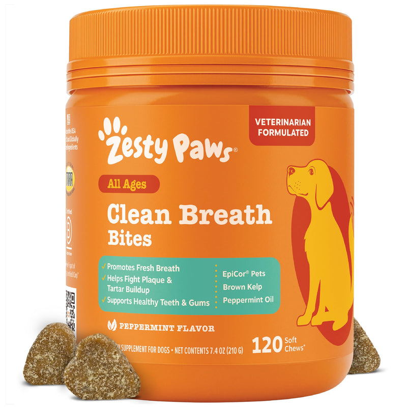 Zesty Paws Clean Breath Dental Chews for Dogs - Dog Breath Freshener + Fights Plaque & Tartar - Dental Chew with Peppermint Oil + Brown Kelp, Green Tea Extract - Teeth, Gum & Oral Health Support 120 Count (Pack of 1) - PawsPlanet Australia