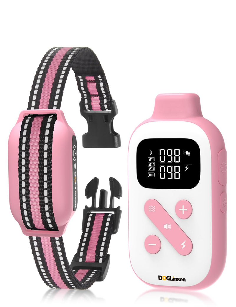 2-in-1 Bark and Shock Collar for Dogs, Smart Anti Barking Dog Training Collar with 5 Adjustable Sensitivity, Automatic Bark Collar with Remote, Vibration, Beep, Shock and Automatic (Pink) Pink & White