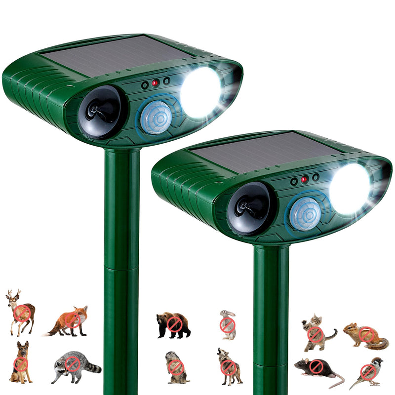 2 Pack Solar Animal Repeller for Raccoons, Deer & Squirrels - Ultrasonic & Strobe Light, Outdoor Deterrent for Cats, Dogs, Raccoons, Rabbits, Skunks, Foxes & More 2PCS Green