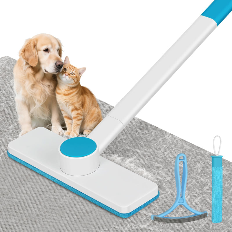 2-in-1 Pet Hair Remover Roller & Brush - Furniture Carpet Rake and Silicone Pet Grooming Brush with Extendable Handle, Adhesive Hook for Easy Storage | Dog Cat Hair Removal Tool for Home Car Cleaning - PawsPlanet Australia