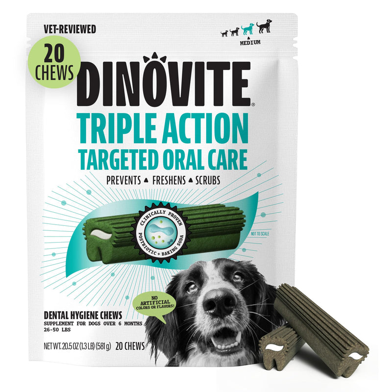 Dinovite Dental Chews for Dogs, Triple Action Dental Dog Treats for Medium Breeds, Clinically Proven to Prevent Plaque & Tartar While Freshening Breath, Fresh Mint Flavor, Made in USA, 20 Count Medium Dogs (25-50 lbs) - PawsPlanet Australia