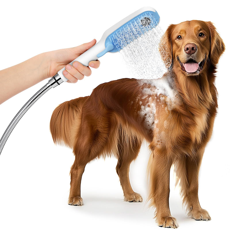 SR SUN RISE Dog Shower Attachment for Thick Haired Dogs, 4 Spray Mode Pet Bath Sprayer with Stainless Steel Diverter Valve & 6.5 Foot Hose, Indoor & Outdoor Dog Washing Grooming Supplies, Blue/White - PawsPlanet Australia