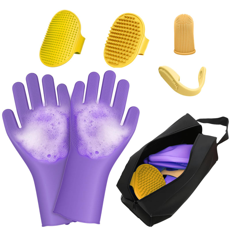 7PCS Dog Bath Brush | Pet Grooming Gloves | Storage Bag | Soothing Massage Rubber Comb with Adjustable Ring Handle | Pet Bathing for Dogs and Cats (Lavender Purple) Lavender Purple - PawsPlanet Australia