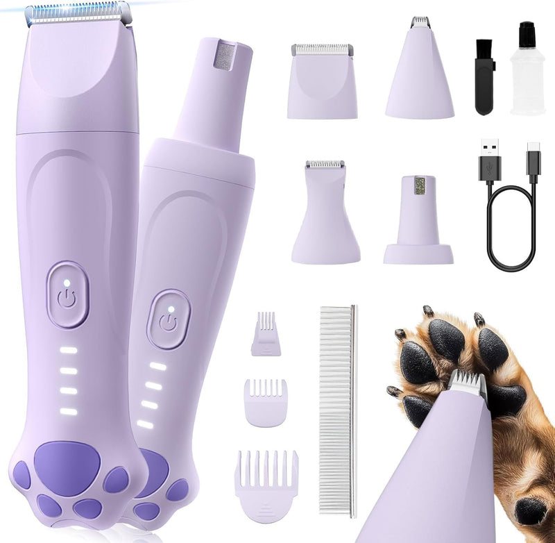 Dog Clippers for Grooming - 4-in-1 Dog Clippers Grooming Kit with Low Noise & IPX7 Waterproof Design Includes Comb Paw Trimmer Nail Grinder - Rechargeable & Cordless Dog paw Trimmer (Purple) - PawsPlanet Australia