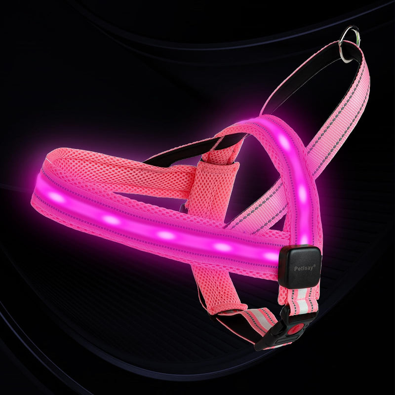 PetIsay LED Light Up Dog Harness - USB-C Rechargeable, IPX7 Waterproof, Reflective, No Pull Dog Vest with Soft Padded Handle for Night Walking(Pink, Medium) M Pink - PawsPlanet Australia