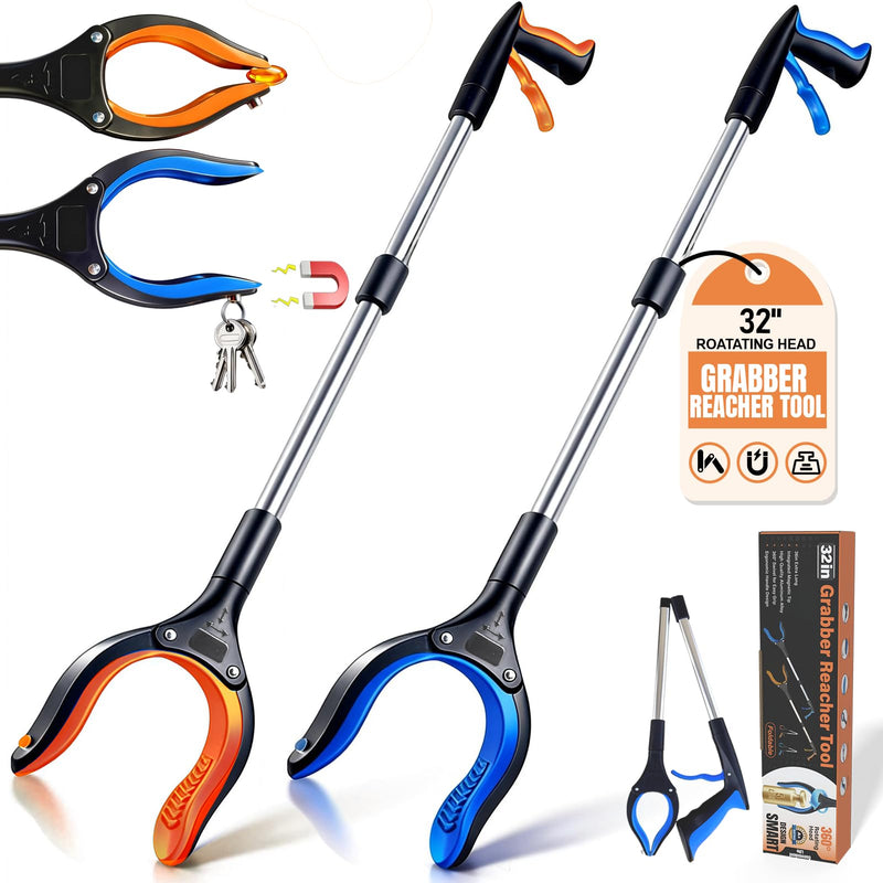 2-Pack 32" Grabber Reacher Tool, Effortless Reacher Grabber Pickup Tool, Heavy Duty Grip Grabber Tool, Wide Claw Foldable Trash Picker Upper Grabber Essential for Senior, Health, Surgery Recovery 32"blue&orange - 2pack - PawsPlanet Australia