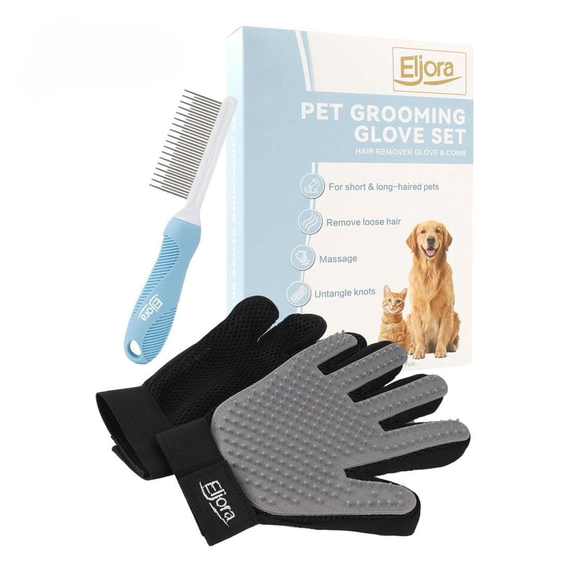 Pet Grooming Glove & Dematting Comb Set – Anti-Slip Handle Deshedding Comb+ Gentle Massage Glove (Pair) for Dogs & Cats – Removes Loose Hair, Mats & Tangles – Safe, Effective Grooming