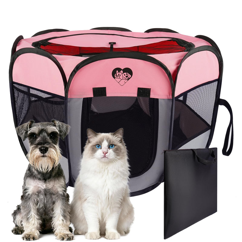 Portable Puppy Playpen for Small Dog Cat, Pop up Dog Crate Kennel Indoor/Outdoor, Pet Tent Cage with Carrying Bag for Kitten, Rabbits Pink S