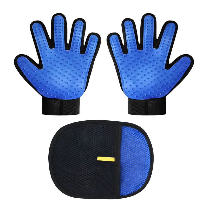 Pet Hair Removal Grooming Gloves Set – Silicone Cat & Dog Deshedding Gloves with Double-Sided Pet Hair Remover, Washable Reusable Anti-Static Grooming Set for Cats Dogs Horses (Blue) - PawsPlanet Australia
