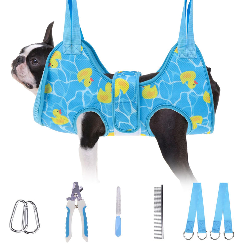 BEAUTYZOO Dog Grooming Hammock for Small Dogs Cat- Dog Sling for Nail Trimming/Clipping- Dog Hanging Holder with Thick Fabric Neck Support & Strap Restraint Claw Care,Blue Duck,S S (Leg Spacing: 7-10.2" / Max W: 30lbs) Blue Duck