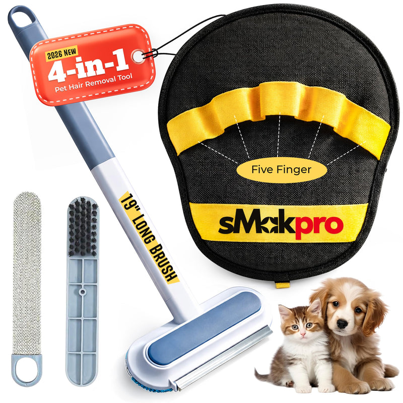 Pet Hair Removal Tool for Dogs & Cats (19" Long Brush + Gloves), Electrostatic Reusable Pet Hair Remover, Five Finger Magic Brush with Adjustable Handle for Couch, Carpet, Bedding, Clothes Yellow