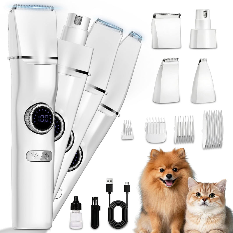 5-in-1 Dog Grooming Kit, Dog Paw Trimmer with LED Display and Light 11-Speed Rotary Knob Low Noise Stainless Steel Blade, Wireless Charging Pet Shaver Ideal Trimming Paw Eye Ear Facial Hair Pet Clipper