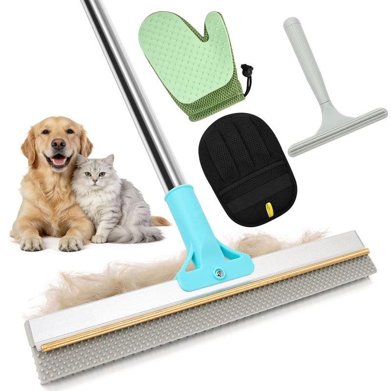 4 in 1 Carpet Rake for Pet Hair Removal - Reusable Pet Hair Removal Glove for Dog Cat Fur Remover, Contain 23-54" Rubber Broom, Silicone Comb Gloves, Magic Brush and Small Scraper for Sofa, Rugs, Mats