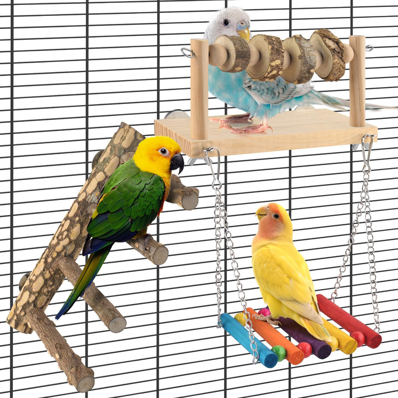 4 Pcs Bird Perch with Swing, Parrot Perches Platform with Chew Blocks, Natural Climbing Ladder Bridge Colorful Hammock for Budgies, Cockatiels, Lovebirds, Finches 4 in 1 - PawsPlanet Australia