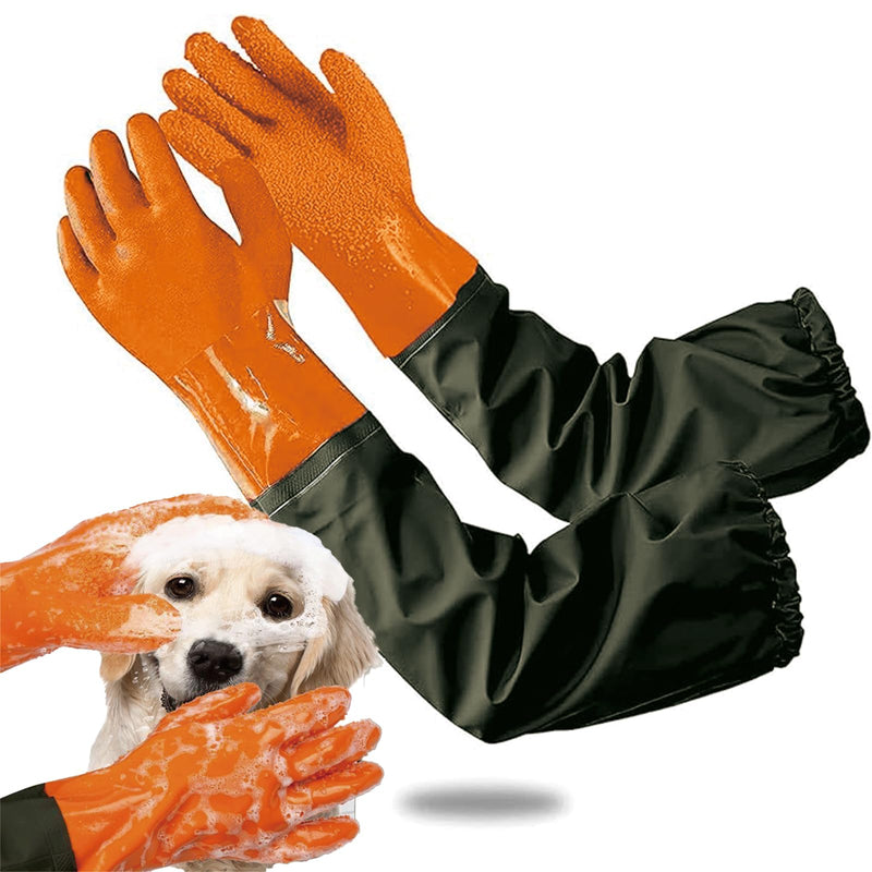 YOFANG Pet Grooming Gloves,27.2" Extra Long Waterproof Rubber Washing Gloves for Dogs & Cats,Anti-Bite Anti-Scratch Hair Removal Cat Bath Gloves with 3000+ Massage Particles,Orange 27.2" L Orange - PawsPlanet Australia