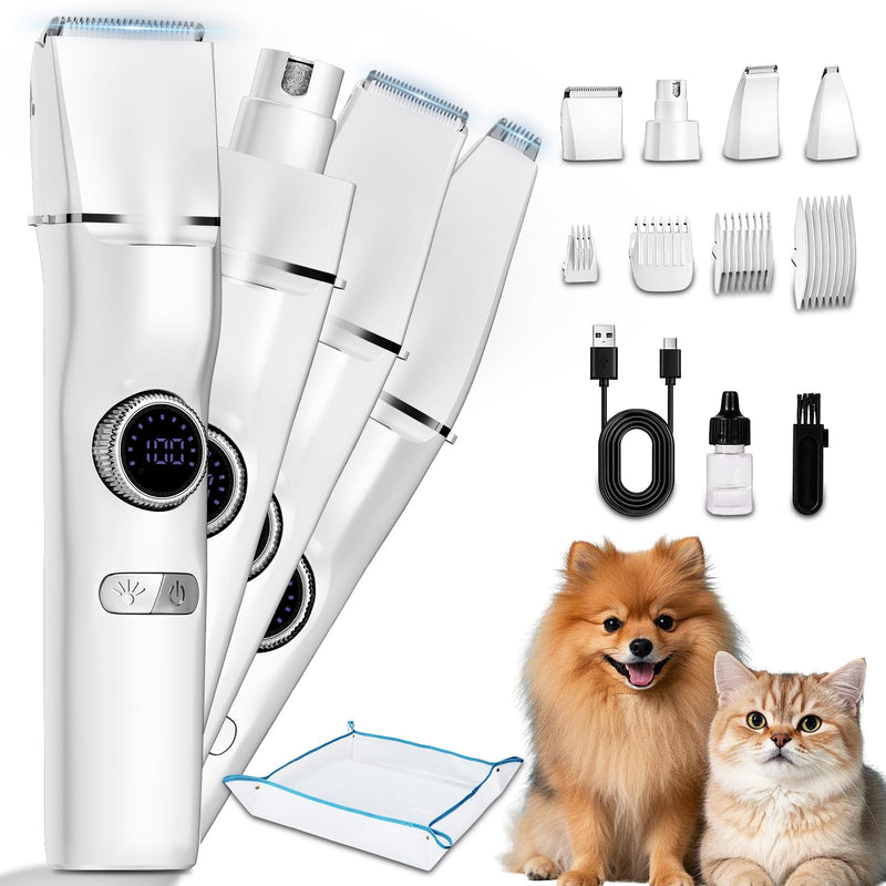 5-in-1 Dog Grooming Kit, Dog Paw Trimmer with LED Display & Light 11-Speed Rotary Knob, Low Noise Wireless Pet Clippers, Includes Easy-Clean Silicone Pad for Trimming Paw Eye Ear Facial Hair Pet Clipper - With Cleaning Pad