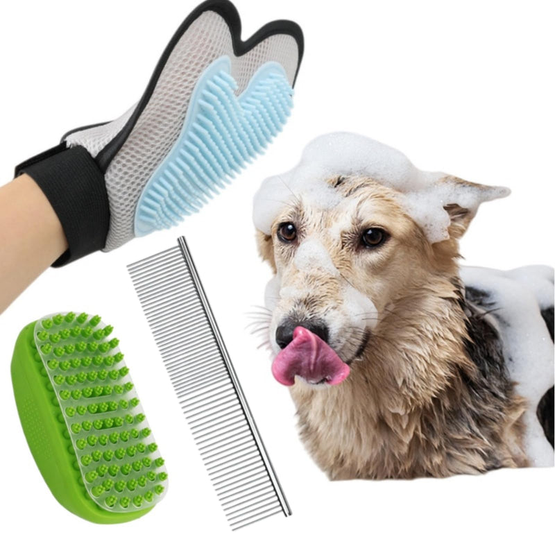 3-in-1 Pet Grooming Set: Soft Silicone Curry Bath Brush *1 & Stainless Steel Comb *1 for Dogs/Cats with Short/Long Matted Hair,Gentle Deshedding & Knot Removal,Dry & Wet Use Massage Glove*1 3PC IN 1