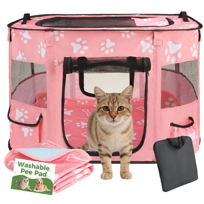 Homimp Portable Pet Playpen for Indoor Cats & Puppies, Foldable Dog Playpen Outdoor Tent Crate Cage with Pee Pad & Carry Bag, Pet Crate with Mesh Sides for Small Animals Travel, Pink S Small: 27.5"L x 21.6"W x 17.7"H