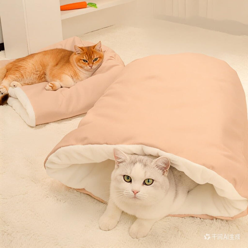 Cat Sleeping Bag Cave Bed Self Warming Heated Cat Bed Cozy Enclosed Cat Cave for Indoor & Outdoor Cats, Fluffy Warm Burrow Cat Bed Winter, Washable Hooded Cat Nest Pet Cave Bed