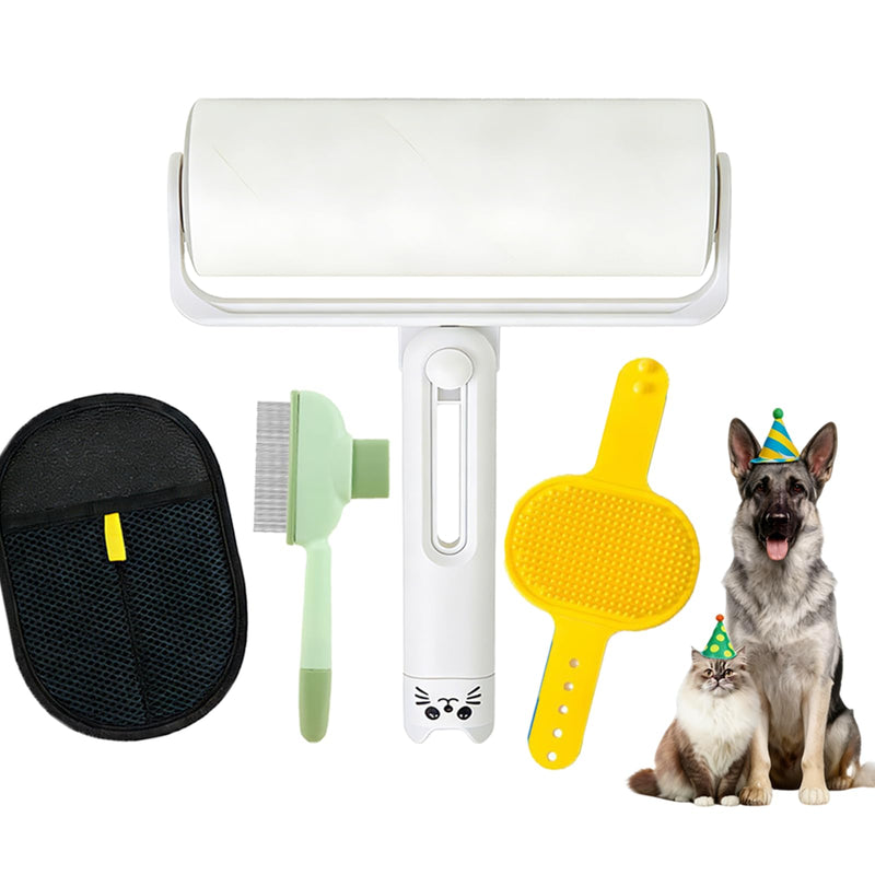 Electrostatic Pet Hair Removal Glove - Includes Self-Cleaning Deshedding Comb + Refillable Lint Roller + Soft Bath Brush, 4-in-1 Pet Grooming Kit for Cats/Dogs/Clothes/Couch/Car yello