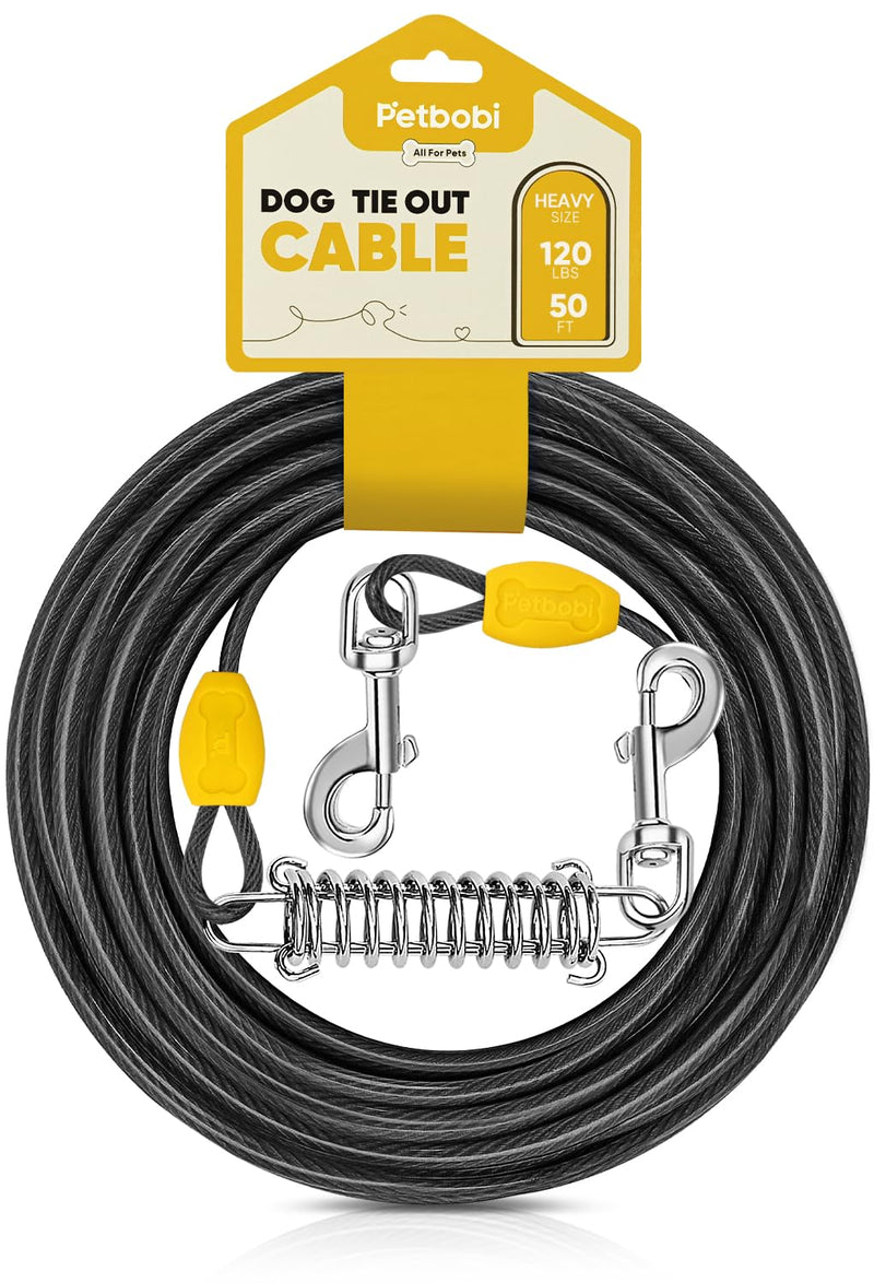Petbobi Dog Tie-Out Cable 50ft - Outdoor Leash 4mm Metal Cable with Shock Absorbing Spring 360° Swivel Clips, Chain for Dogs Yard Camping, Fit Small Medium Large Pets Up to 120lbs, Black 50 ft