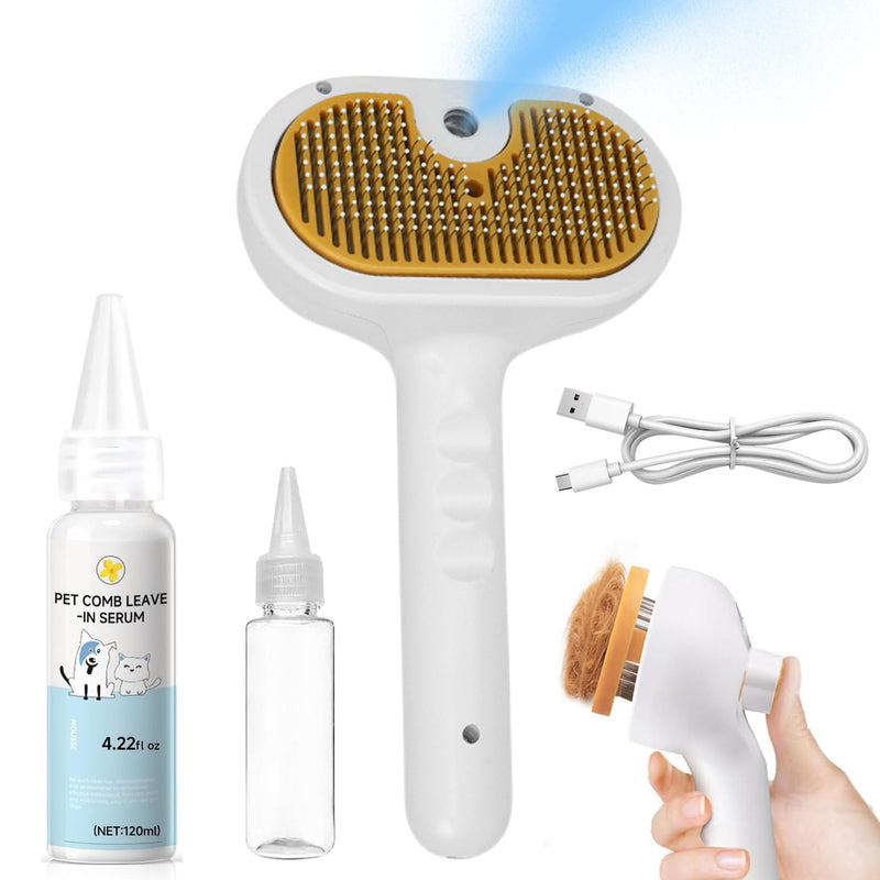 Dog Steam Brush 3-in-1 Spray Bath Brush for Dog and Cat, Pet Hair Removal Comb for Long & Short Haired Pets, Self Cleaning Grooming Brush Yellow 1 Shampoo Pets Brush & 1 Shampoo