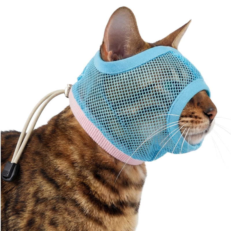 PUMYPOREITY 2 Pack Cat Calming Muzzle, Soft Breathable Mesh Cat Head Cover with Adjustable Strap, Calming & Anti-Bite Design for Grooming, Nail Trimming, Bathing and Vet Visits, S, Blue Small