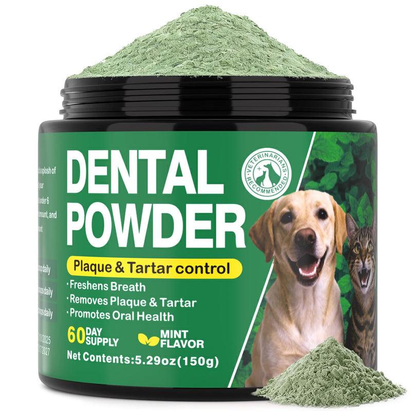 Dog Dental Powder for Teeth Cleaning - Fresh Mint Breath Freshener & Teeth Cleaner - Plaque & Tartar Remover Food Topper - No Brushing Oral Care Support for Bad Breath Control (150g)