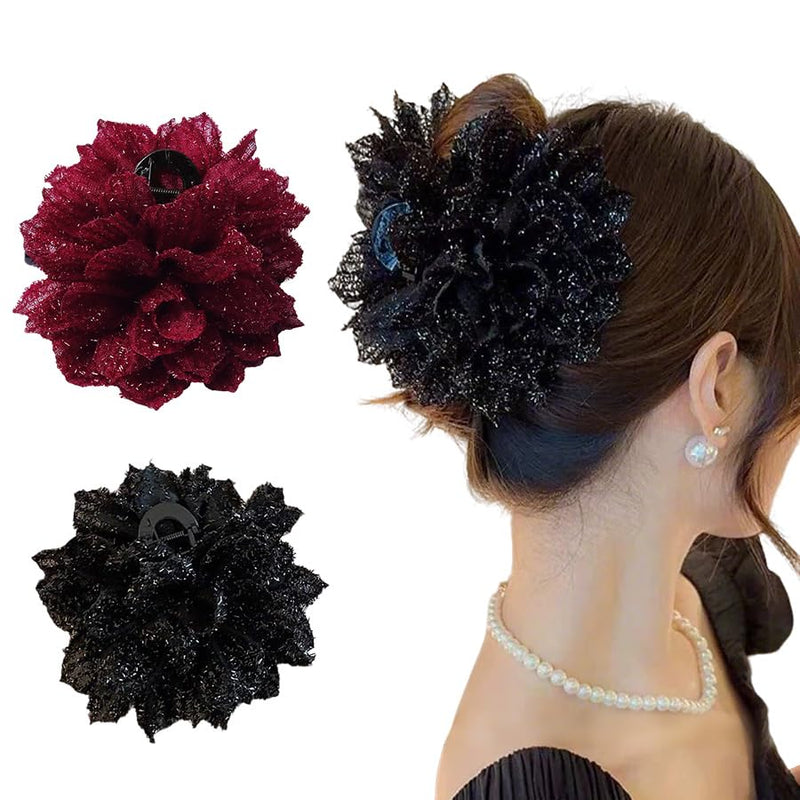 Large Rose Flower Hair Claws - Big Mesh Floral Plastic Hair Clips for Women, Barrettes & Updo Holders for Chignon and Bun Hairstyles (Black & red)