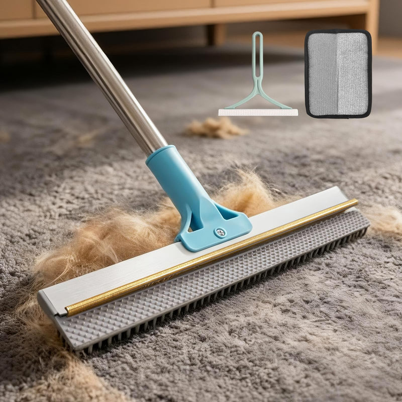 BFNN Carpet Rake for Pet Hair Removal | Reusable Dual-Action Carpet Broom Tool with Metal Scraper & Silicone Brush | 54" Adjustable Handle | 3Pcs Cat & Dog Fur Cleaning Kit for Rugs, Couch & Furniture Blue