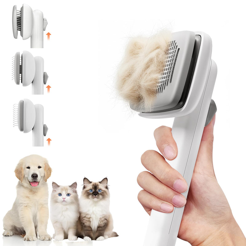 Cat Brush for Shedding, Industry-First Adjustable Cat Brushes for Indoor Cats, Self-Cleaning Slicker brush, 264 Skin-Friendly Needles for Long or Short Haired Dogs, Perfect for Deshedding & Massaging White