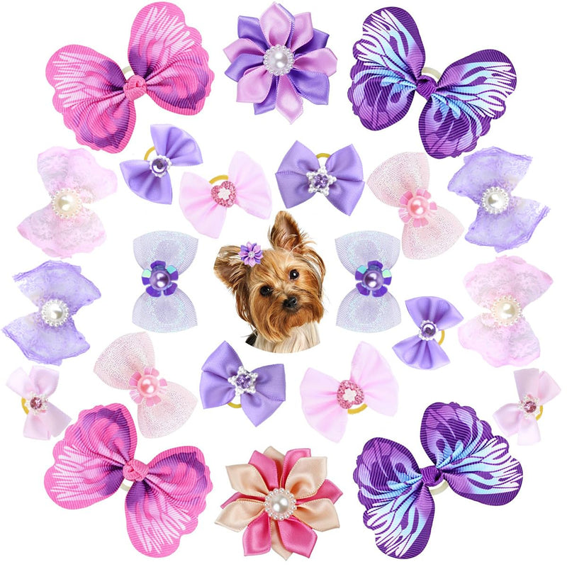 22 Pieces Cute Dog Hair Bows with Elastic Rubber Bands, Small Puppy Hair Accessories with Butterfly Flower Pearls Double Bow Elegant style for Pets Dogs Cats Hair Grooming (Purple and Pink) Elegant Pueple and Pink - PawsPlanet Australia