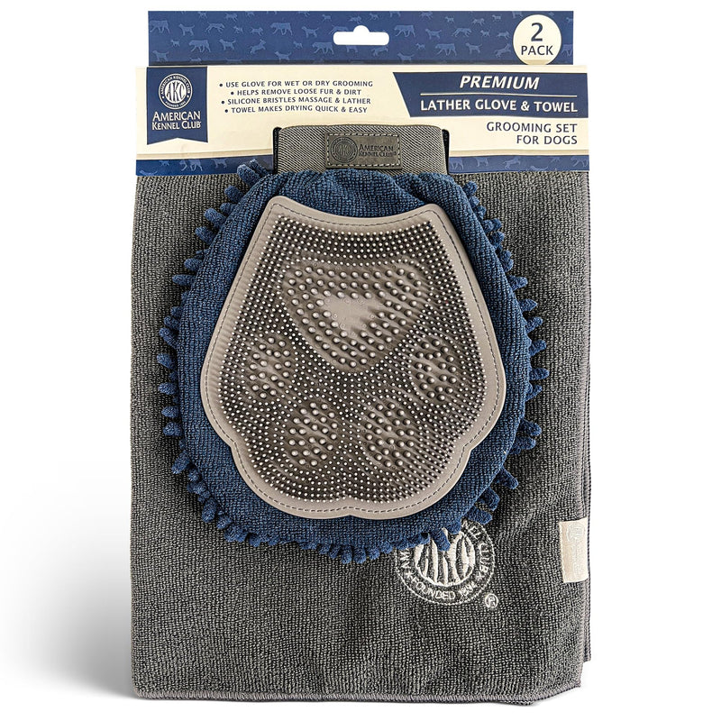 AKC - Dual-Sided Dog Grooming Glove with Silicone Bristles | Quick-Dry Towel | 2-in-1 Pet Grooming Tool for Bathing, Brushing, Shedding, Massaging & Coat Care for Small Medium & Large Dogs