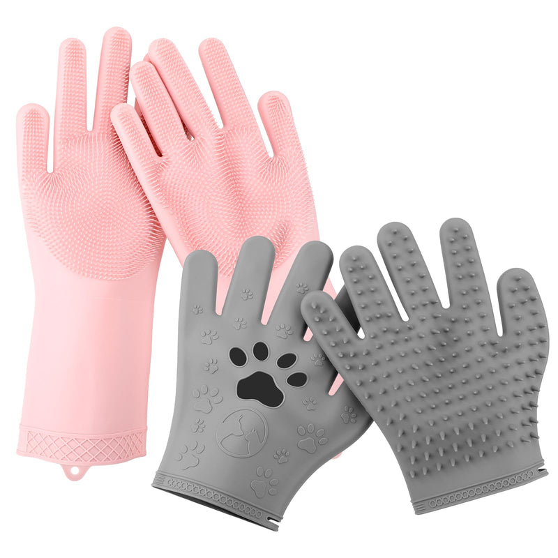 Pet Hair Remover Glove Set, Soft Silicone Dog Washing Gloves for Bathing & Deshedding, 2 Pairs of Pet Grooming Gloves for Dogs, Cats, Horses, Pink & Grey - PawsPlanet Australia