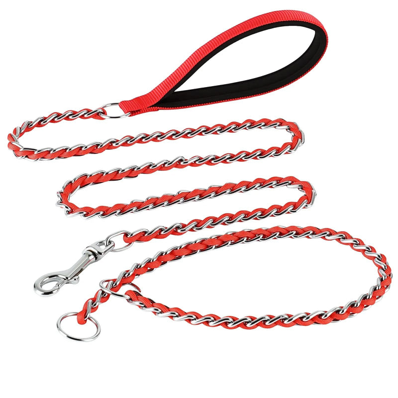Chew Proof Metal Dog Leash with Built-in P-Chain Collar - 2FT/4FT for Small/Medium/Large Dogs (30-150lb), Anti-Bite Chain Link with Soft Padded Handle, 360° Rotating Clasp Red 4FT/ 120CM - PawsPlanet Australia