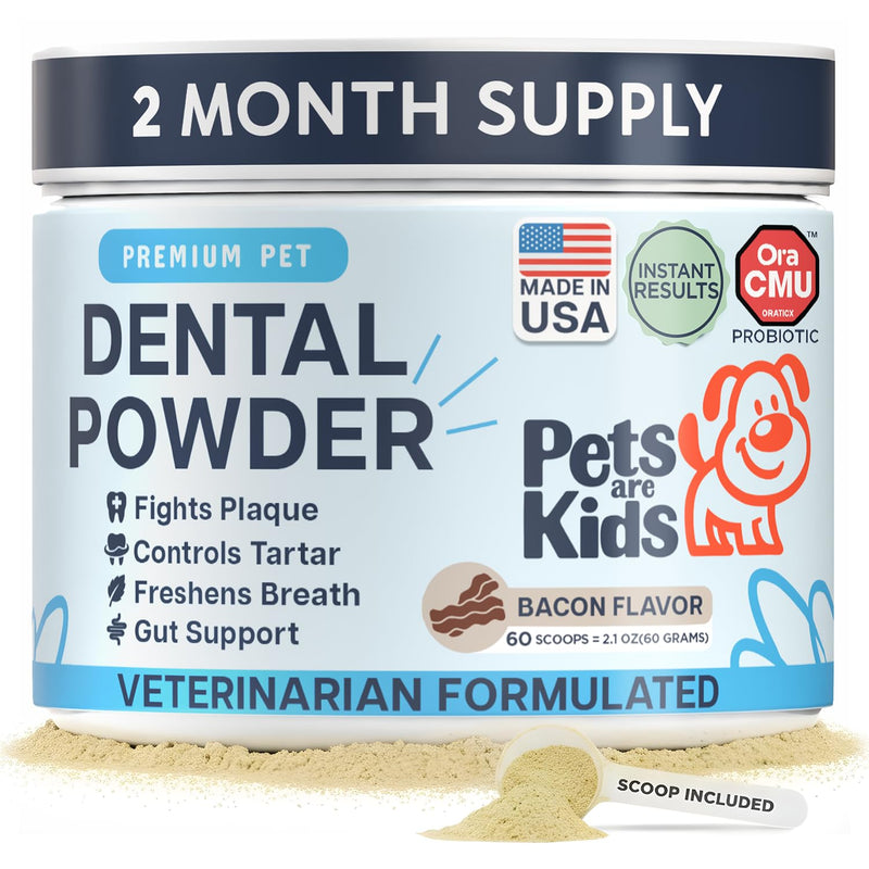 Pets Are Kids Dog Dental Powder | Premium Breath Freshener with OraCMU™ Probiotic for Gut Support | Easy-to-Mix Dog Teeth Cleaning Powder | Fights Bad Breath, Tartar & Plaque | Bacon Flavor, 60 Scoops - PawsPlanet Australia