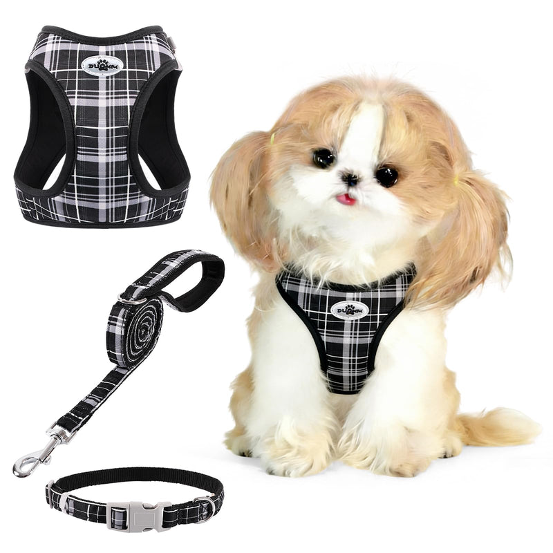 Gyuzh Small Dog Harness and Leash Set, 3-in-1 Step in No Pull Harness Vest Collar for Small Dogs & Cats, Lightweight Breathable Mesh Reflective Plaid with Padded Handle (Black, L) Black - PawsPlanet Australia