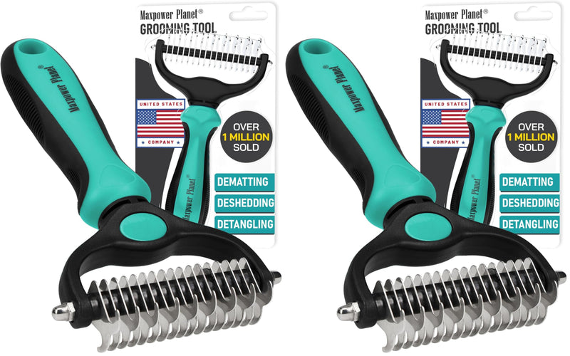 Maxpower Planet Hair Brush - Double Sided Shedding, Dematting Undercoat Rake for Dogs and Cats - Extra Wide Dog Grooming Brush, Reduce Shedding by 95%, Turquoise (Pack of 2) - PawsPlanet Australia