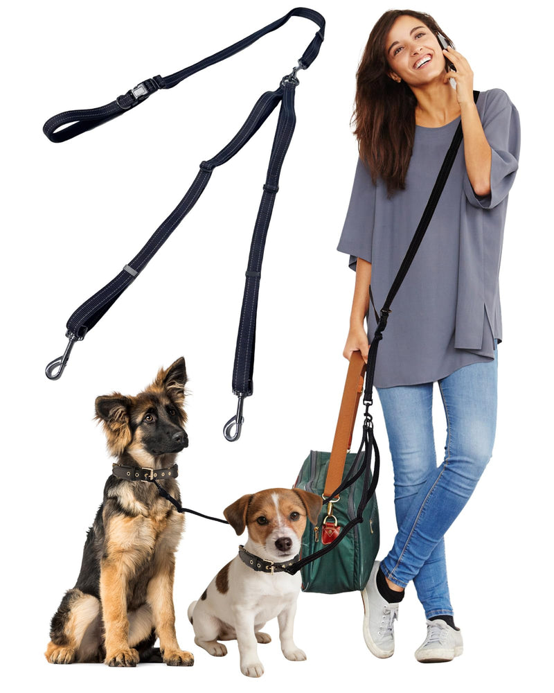 Double Dog Leash - Two Dog Leash No Tangle Design, 3-in-1 Adjustable Waist Belt for Two Dogs, Detachable Dual Leashes, Suitable for Dogs for Training, Running and Walking. Black - PawsPlanet Australia