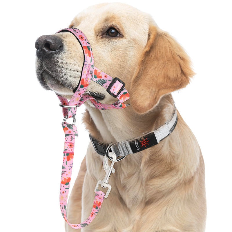 HIGO Dog Head Collar, Adjustable Head Collar for Dogs, No Pulling Head Halter, Training Nose Leash, 3 Pattern Muzzle Leash for Small Medium Large Dogs Easy Walking (Pink, L) Pink - PawsPlanet Australia