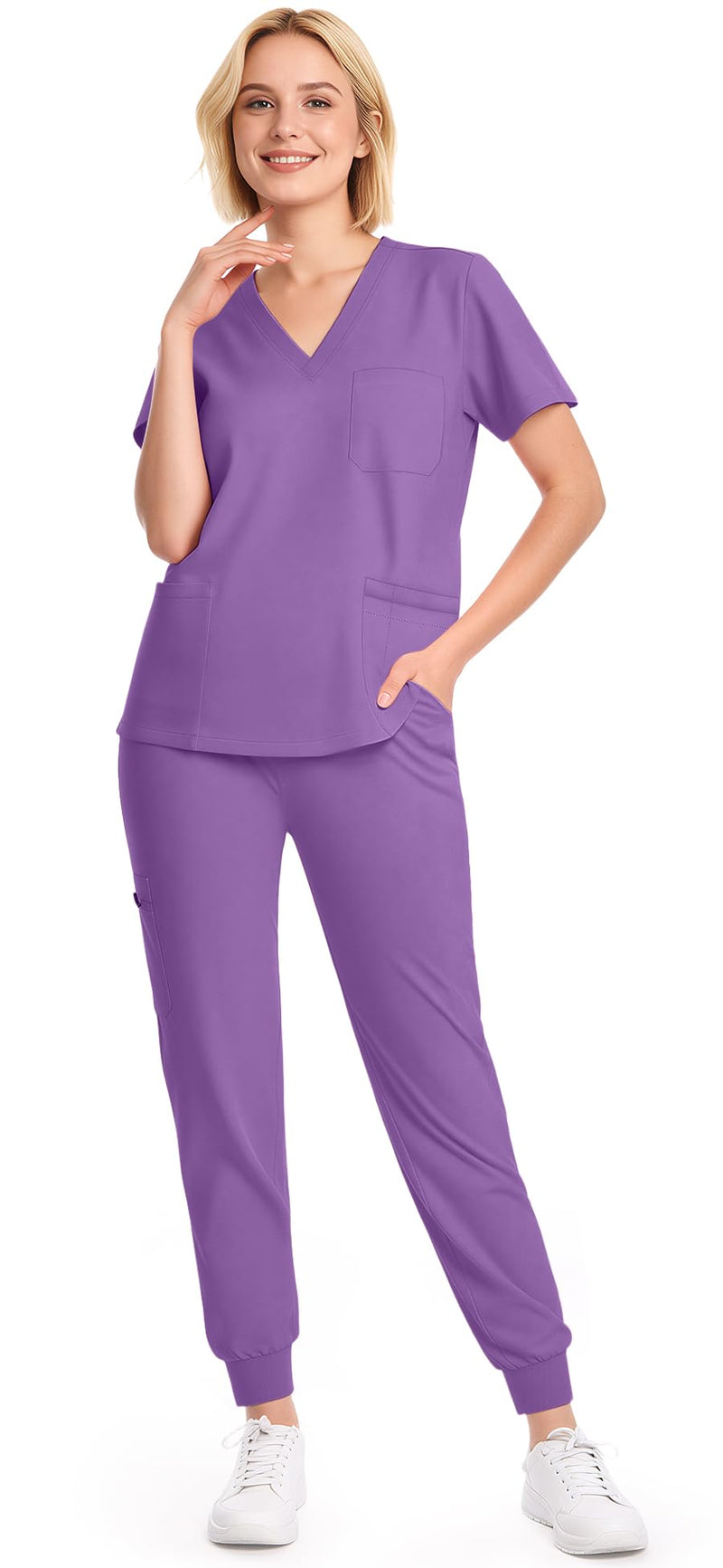 Scrubs for Women Set - 8-Pocket V-Neck Scrub Uniform, Stretch Jogger Pants, Medical Workwear for Nurses, Pet Care Medium Light Purple - PawsPlanet Australia