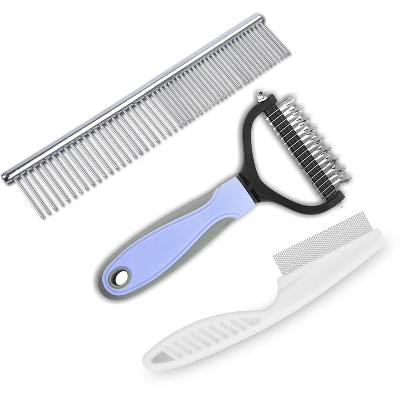 3Pcs Pet Grooming Combo Kit, Blue Deshedding Brush & Metal Comb & Tick Removal Comb for Dogs, Cats and Horses, Pet Flea Comb for Detangling and Dematting Long, Matted Fur on Goldendoodles Poodles 3pcs pet comb kit