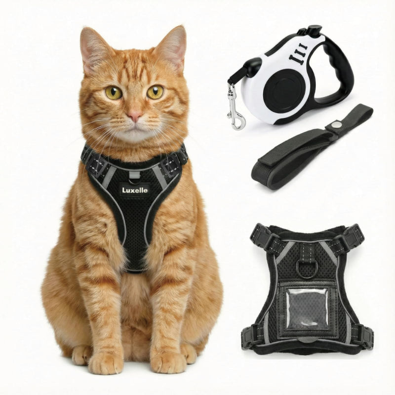 Luxelle Escape-Proof Cat Harness and Leash Set – Adjustable No Pull Soft Vest with 360° Reflective Straps, Built-in Pocket & Wrist Strap, Breathable Mesh Outdoor Harness Black XS
