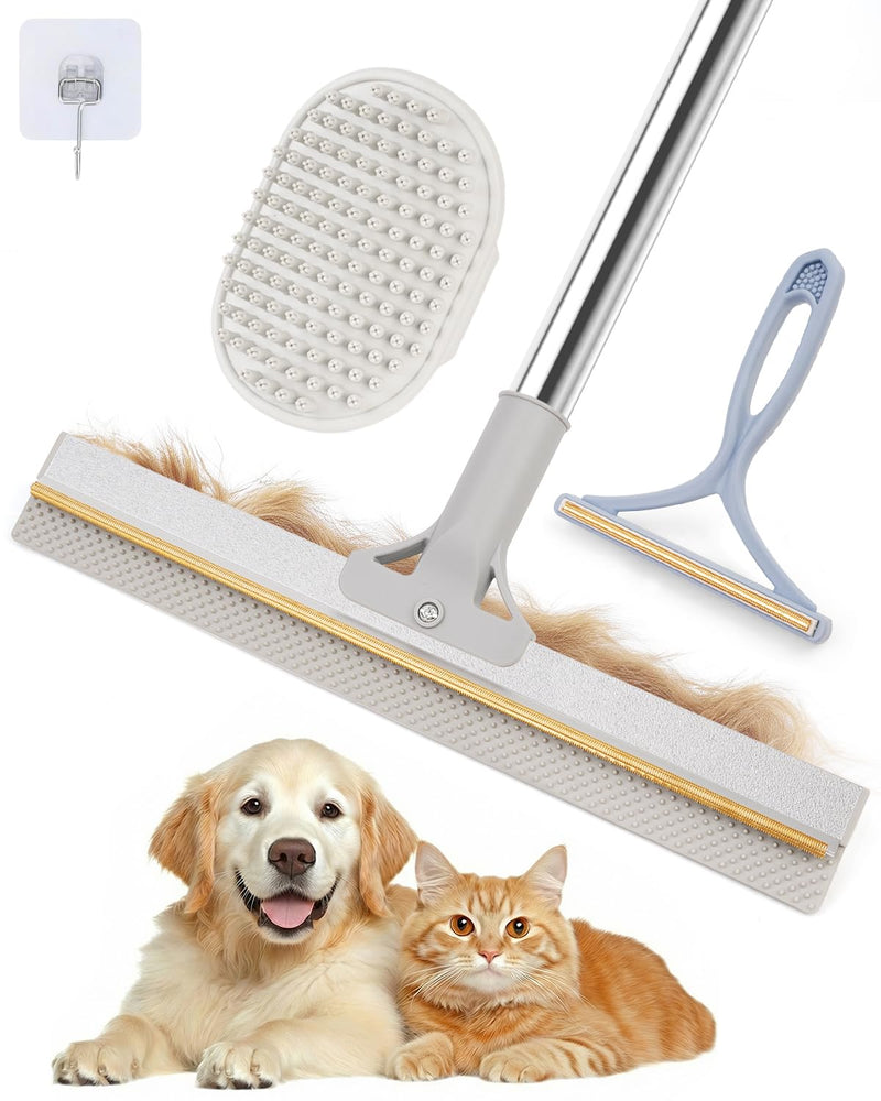 Carpet Rake for Pet Hair Removal, Reusable Pet Hair Remover Tool with 54 Inch Adjustable Long Handle, 3 Piece Carpet Scraper Set with Pet Bath Brush for Rugs, Couch, Furniture and Stairs Dark grey