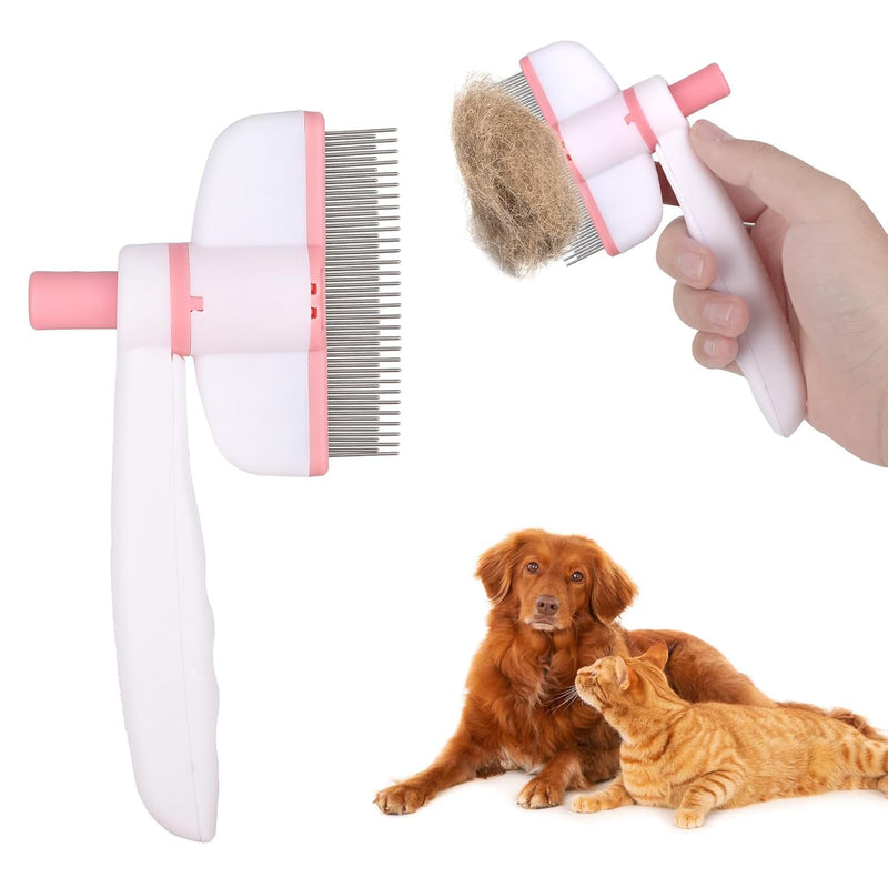 Pet Hair Removal Comb & Flea Comb with Release Button for Cats & Dogs - Grooming Brush for Short/Long Hair Pink