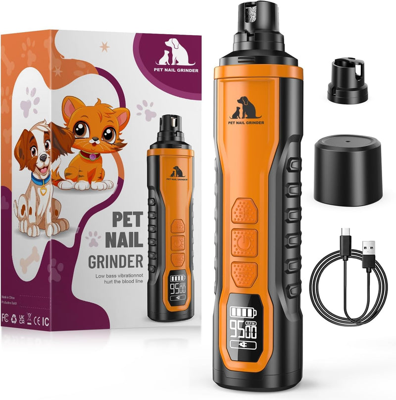 Electric Dog Nail Grinder: 5-Speed Quiet Dog Nail Trimmer with LED Light, Adjustable Safety Guard, Rechargeable Cordless Design for Small to Large Dogs & Cats(Orange) Orange